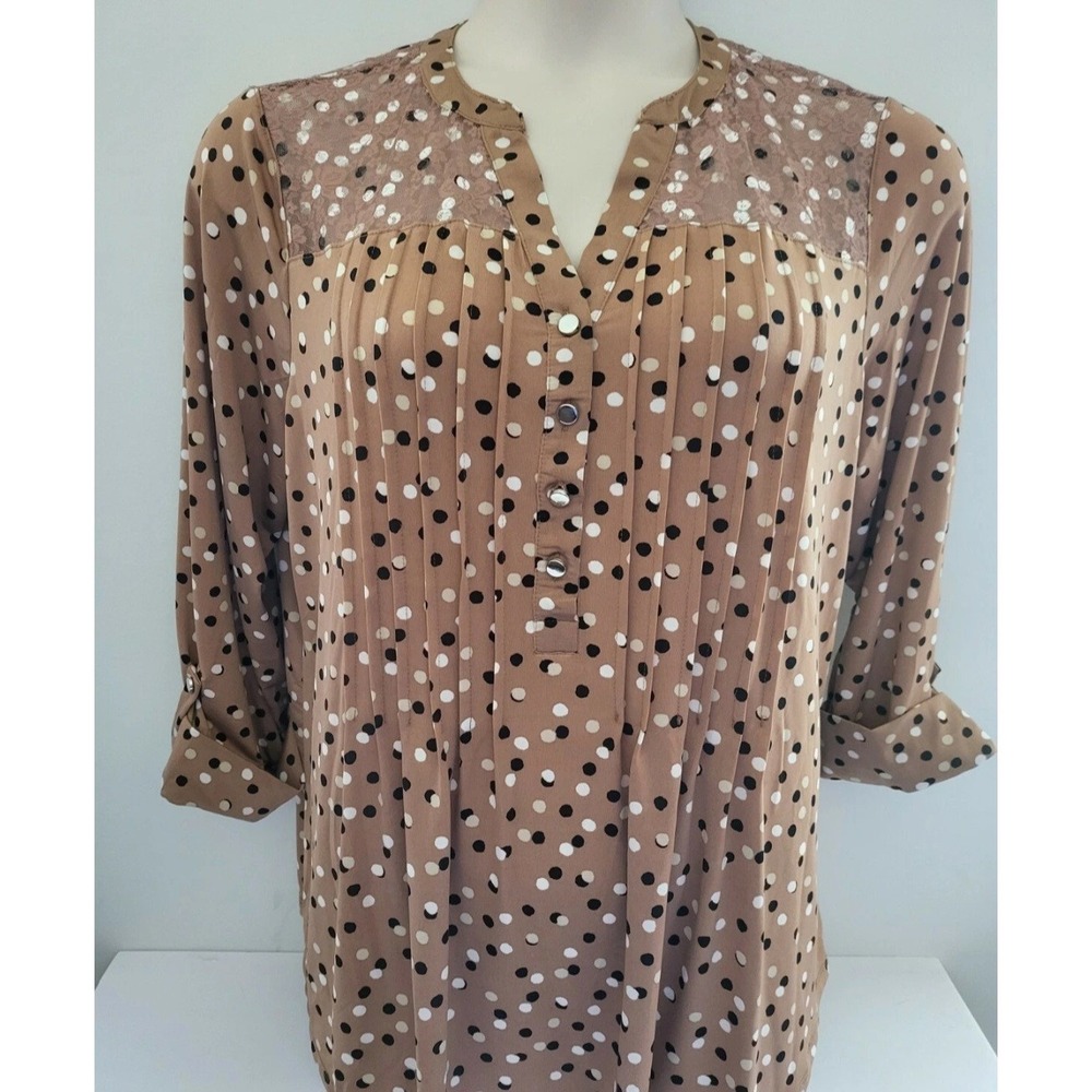 AVA & GRACE Tan Brown Polka Dot Mesh Shoulder & Yoke Pintuck 3/4 Sleeve PS